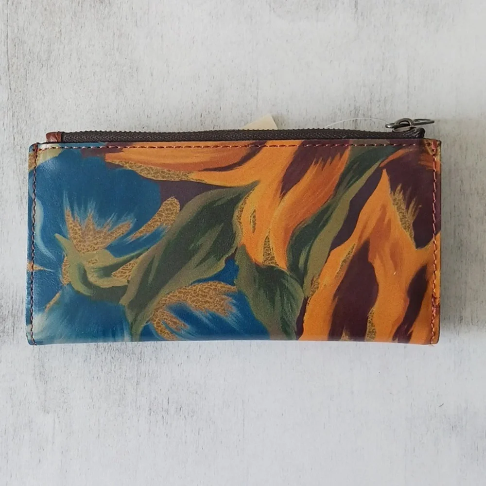 Patricia Nash NAZARI Leather Bifold Wallet Floral Marigold Harvest Blue Brown